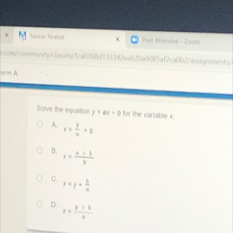 Solve the equation y=ax-b for the varible x-example-1