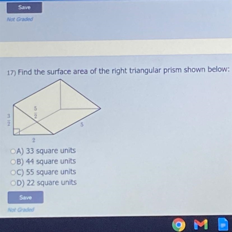 17) Find the surface area of the right triangular prism shown below: 5 2 5/2 3/2-example-1