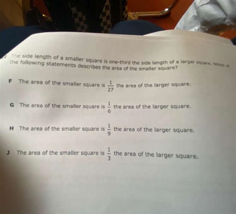 SOMEONE HELP ME !!! The side length of a smaller square is one-third the side length-example-1