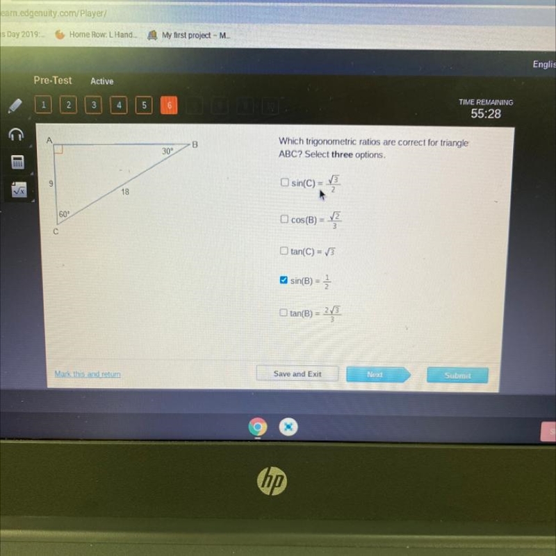 Which migonometric rates are comect for mangle ABC? Select three options-example-1