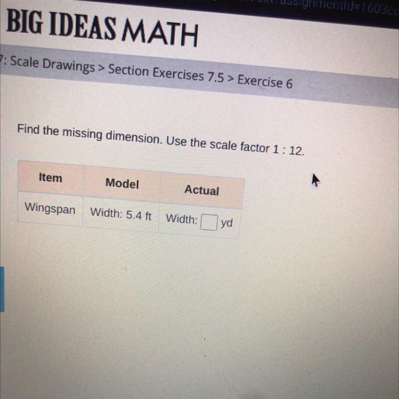 Find the missing dimension. Use the scale factor 1: 12. Item Model Actual Wingspan-example-1