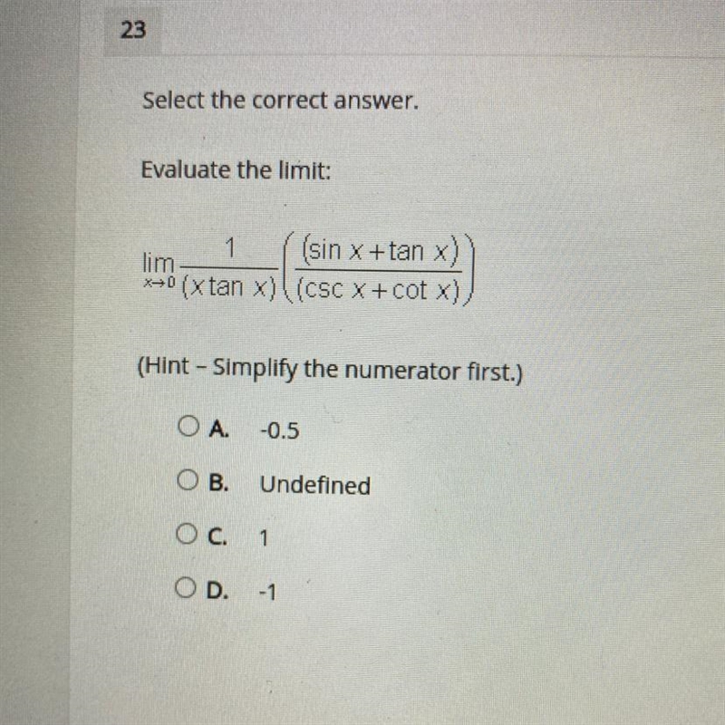 Please help! Select the correct answer. Evaluate the limit.-example-1