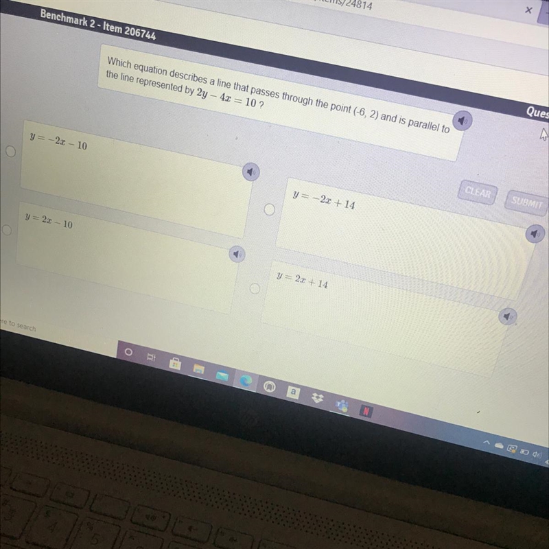 Which equation describes a line that passes through the point (-6, 2) and is parallel-example-1