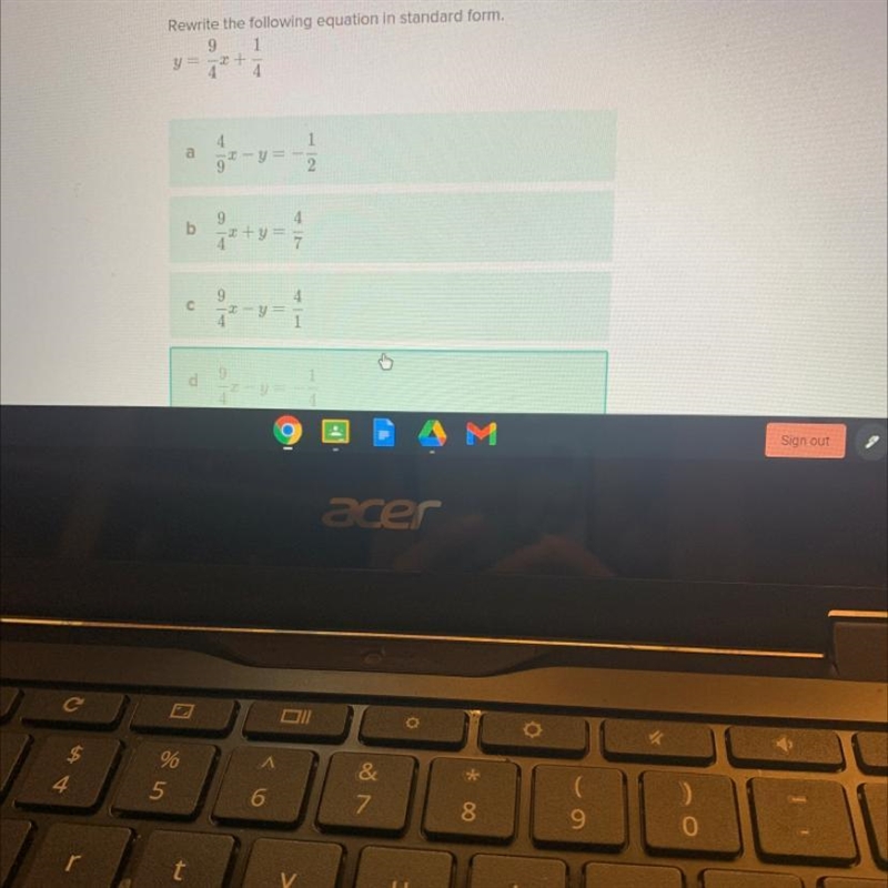 Rewrite the following equation in standard form. Y=9/4x + 1/4-example-1