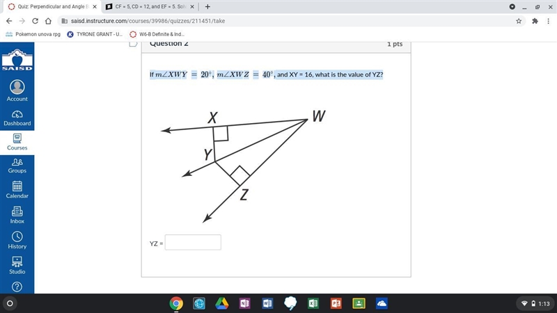 If m∠XWY=20∘,m∠XWZ=40∘, and XY = 16, what is the value of YZ?-example-1