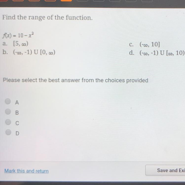 Find the range of the function. f(x) = 10-x^2-example-1