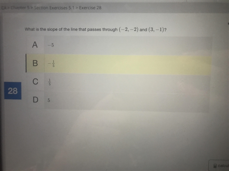 What is the slope of the line that passes through (-2,-2) and (3,-1)?-example-1