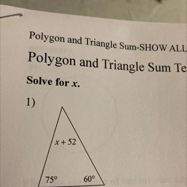 Solve for x. 1) x + 52 75° 60°-example-1