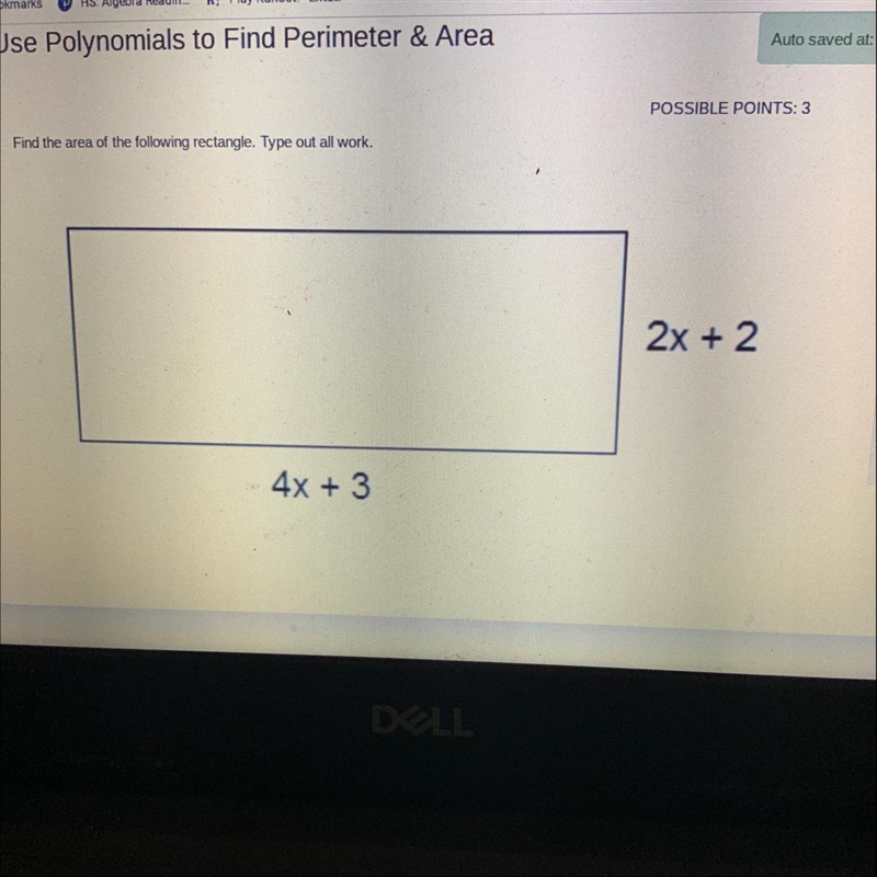 Find the area of the following rectangle. Type out al work-example-1