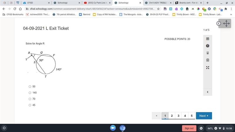 Solve for angle R ? i have 50 and 40 but dont know angle R please help !-example-1