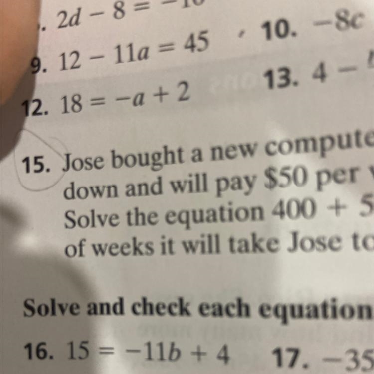 16. 15 = –11b + 4 what is b-example-1