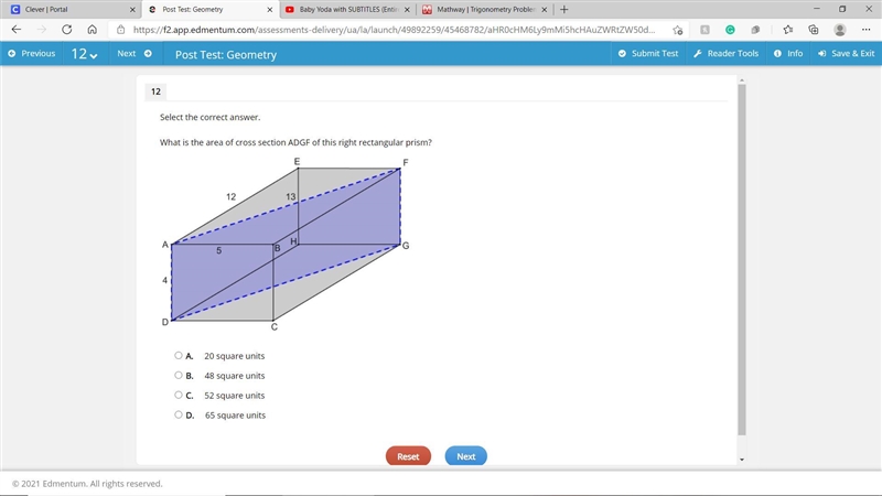 What is the area of cross-section ADGF of this right rectangular prism? A. 20 square-example-1