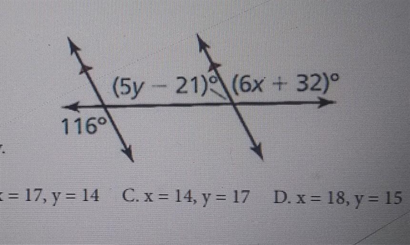 Find the values of x and y. A. X=15, y=18. B. x=17, y=14. C. x=14, y=17 D. x=18, y-example-1