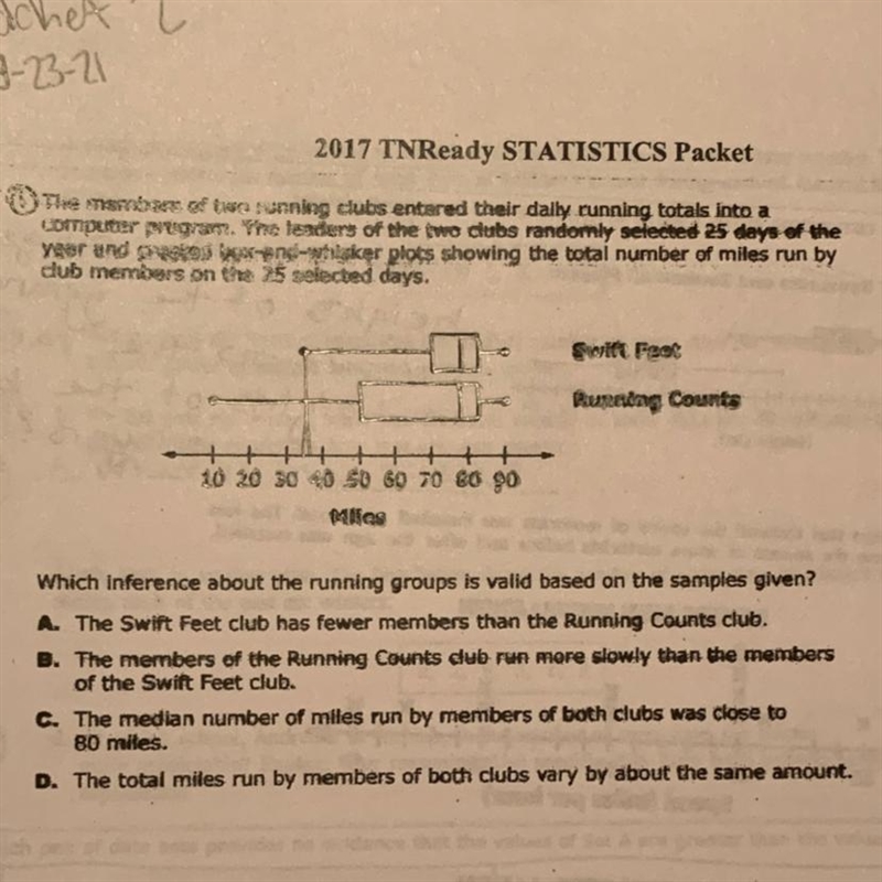 The members of two running clubs entered their daily running totals into a computer-example-1