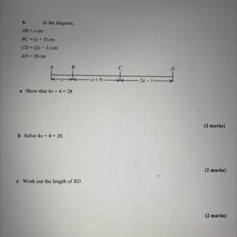 38% 12:19 Mon 18 Jan < 6. In the diagram, AB = x cm BC = (x + 5) cm CD= (2x - 1) cm-example-1