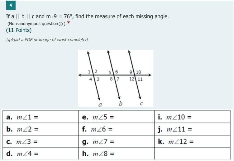 If a || b || c and m∠9 = 76°, find the measure of each missing angle.-example-1