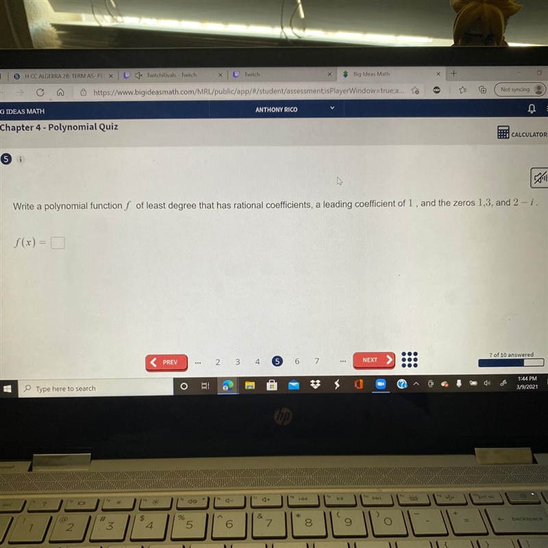 Write a polynomial functionſ of least degree that has rational coefficients, a leading-example-1