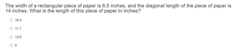 The width of a rectangular piece of paper is 8.5 inches, and the diagonal length of-example-1