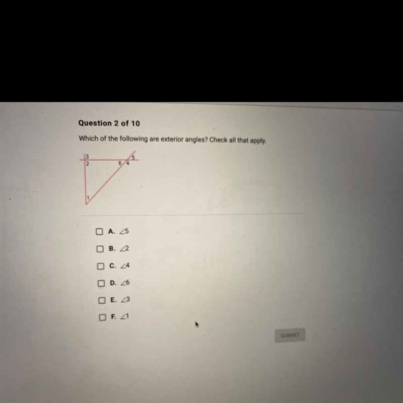 Which of the following are exterior angles? Check all that apply.-example-1