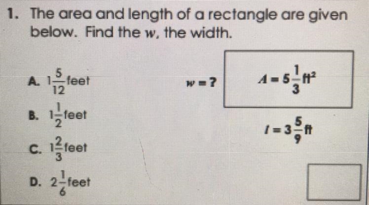 The area and length of a rectangle are given below. Find the w, the width.-example-1