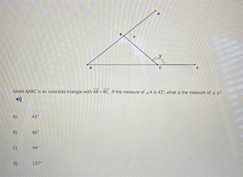 Given ABC is an isosceles triangle with AB = BC. If the measure of A)43° B)86° C)94° D-example-1