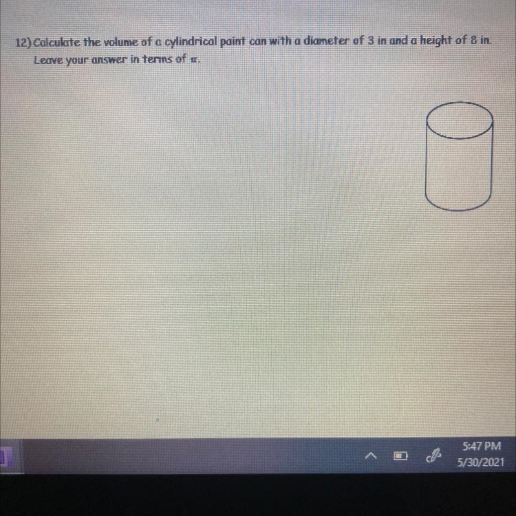 Calculate the volume of a cylindrical paint can with a diameter of 3 in and a height-example-1