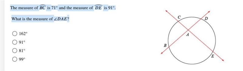 The measure of ⏜ is 71° and the measure of ⏜ is 91°. What is the measure of ∠ ?-example-1