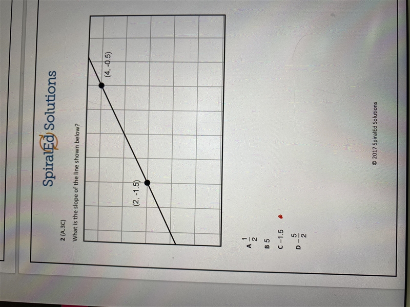 What is the slope of the line below? A. 1/2 B. 5 C. -1.5 D. -5/2-example-1