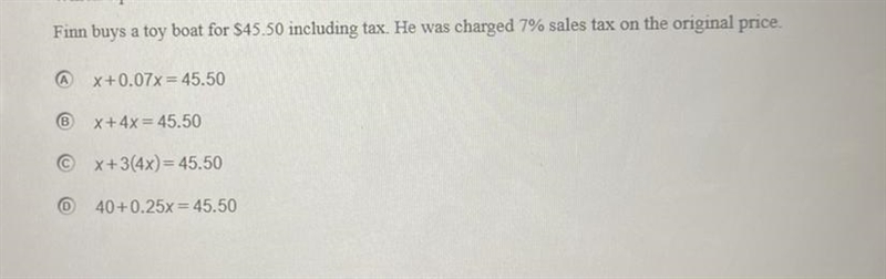 Which equation matches this statement? Finn buys a toy boat for $45.50 including tax-example-1