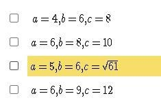 Based on the side lengths given (a, b, and c), which triangles are right triangles-example-1