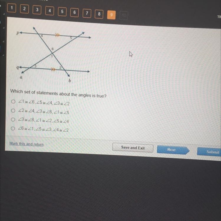 Line p is parallel to line q Which set of statements about the angles is true ?-example-1