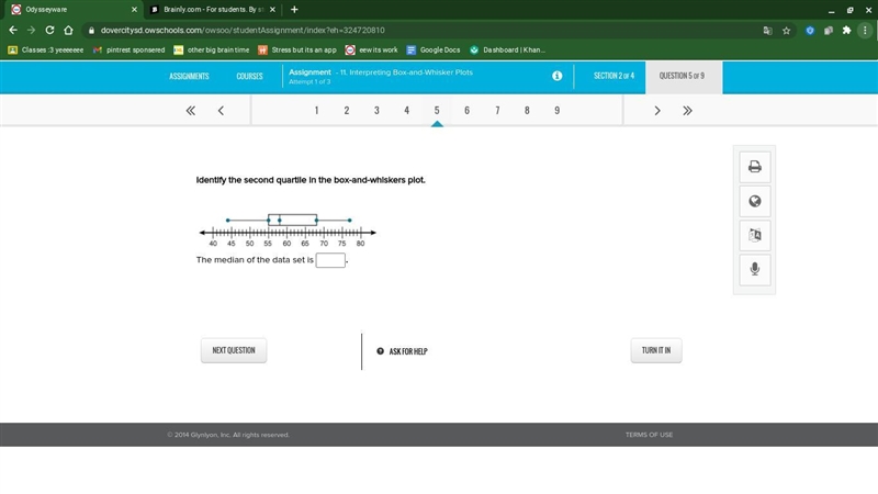 Identify the second quartile in the box-and-whiskers plot The median of the data set-example-1