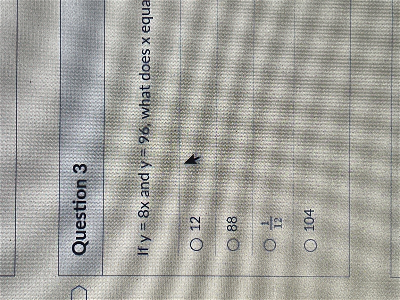 If y=8x and y=96 what does x equal-example-1