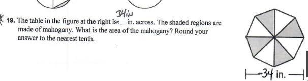 The table in the figure at the right is 34 in. across. The shaded regions are made-example-1