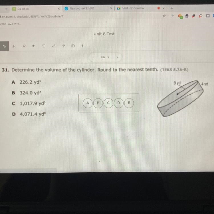 - 1/6 Determine the volume of the cylinder. Round to the nearest tenth. (TEKS 8.7A-example-1