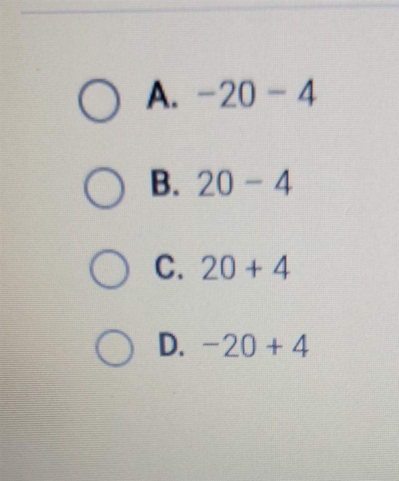 Whoch expression is equivalent to -20 - (-4)​-example-1