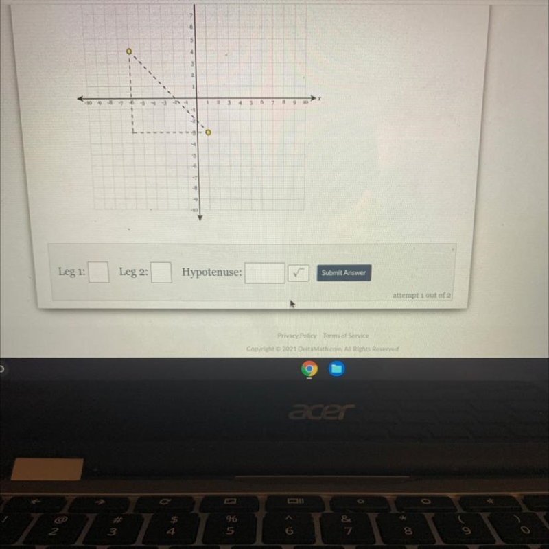 Graph a right triangle with the two points forming the hypotenuse. Using the sides-example-1