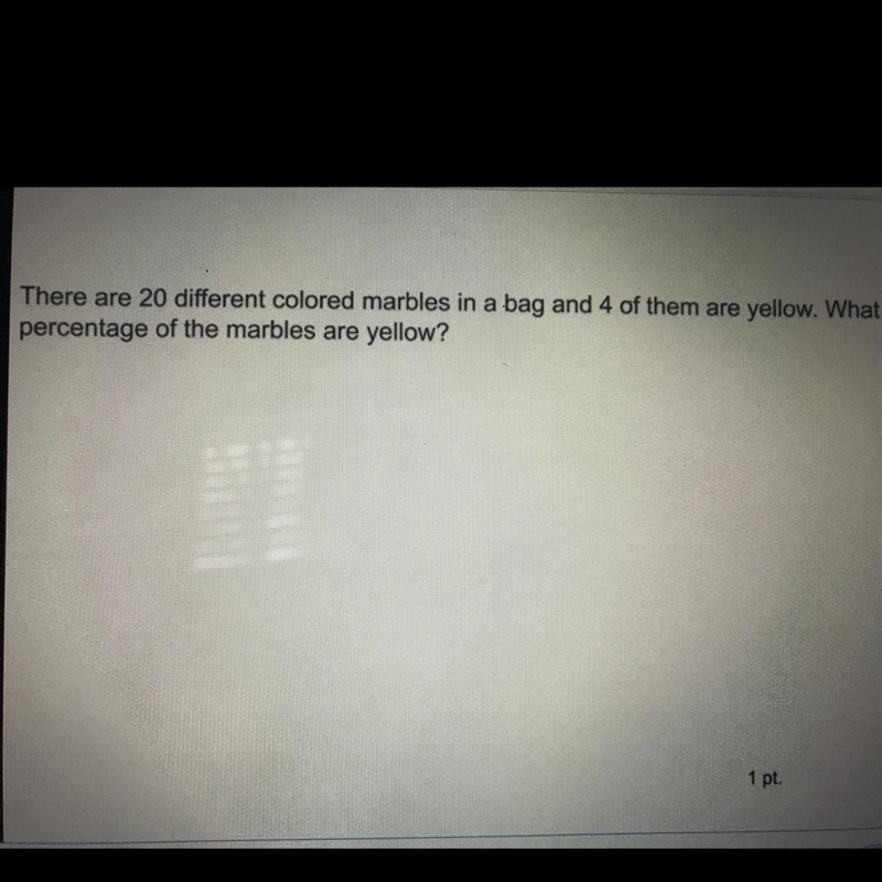 There are 20 different colored marbles in a bag and 4 of them are yellow. What percentage-example-1