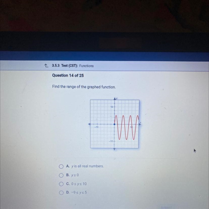 Find the range of the graphed function. A. Y is all real numbers B. Y>_0 C. 0&lt-example-1