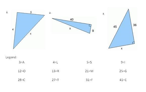 Use Pythagorean Theorem to solve following questions, find your answers in the legend-example-1