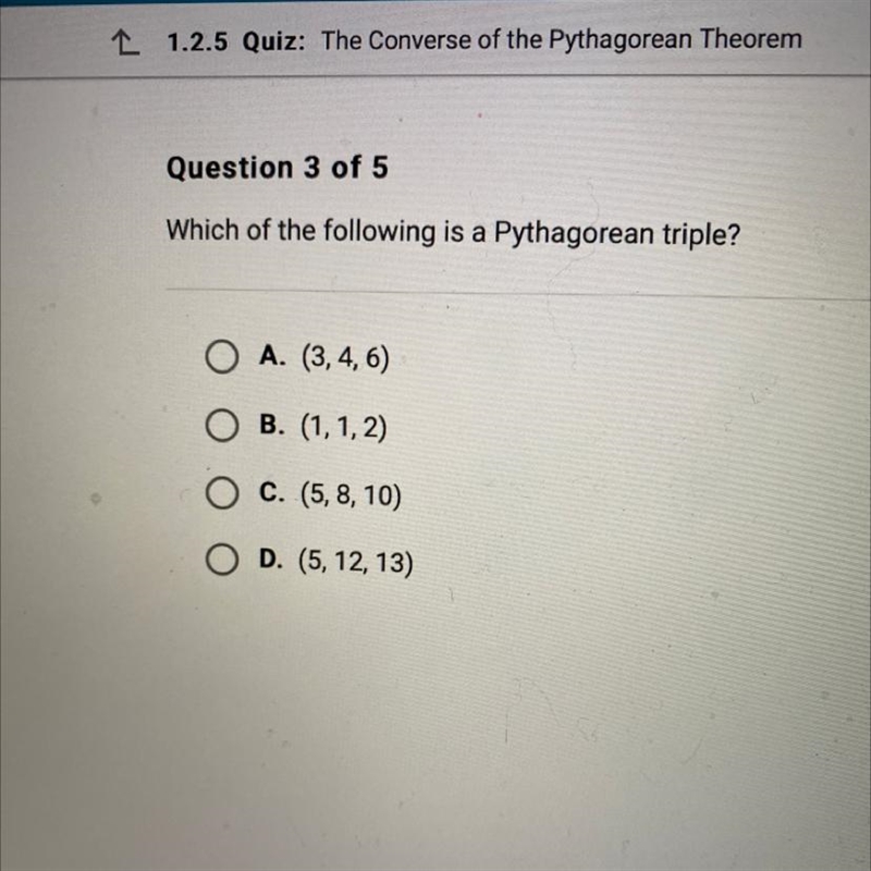 Which of the following is a Pythagorean triple?-example-1