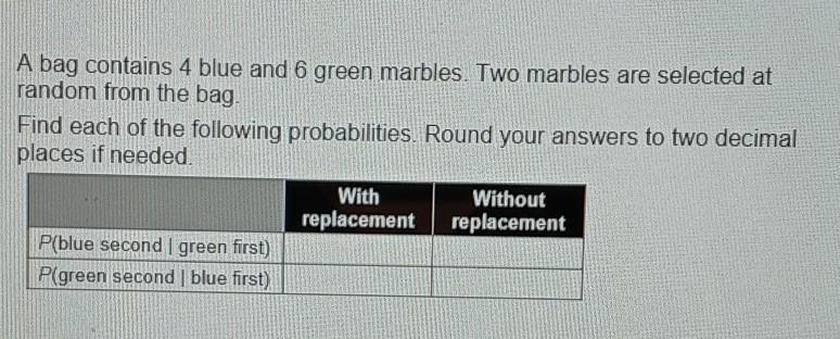 A bag contains 4 blue and 6 green marbles. Two marbles are selected at random from-example-1