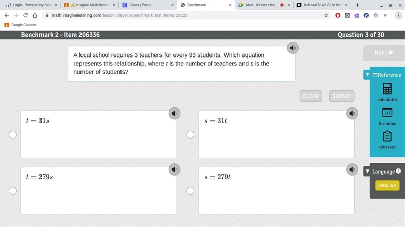 A local school requires 3 teachers for every 93 students. Which equation represents-example-1