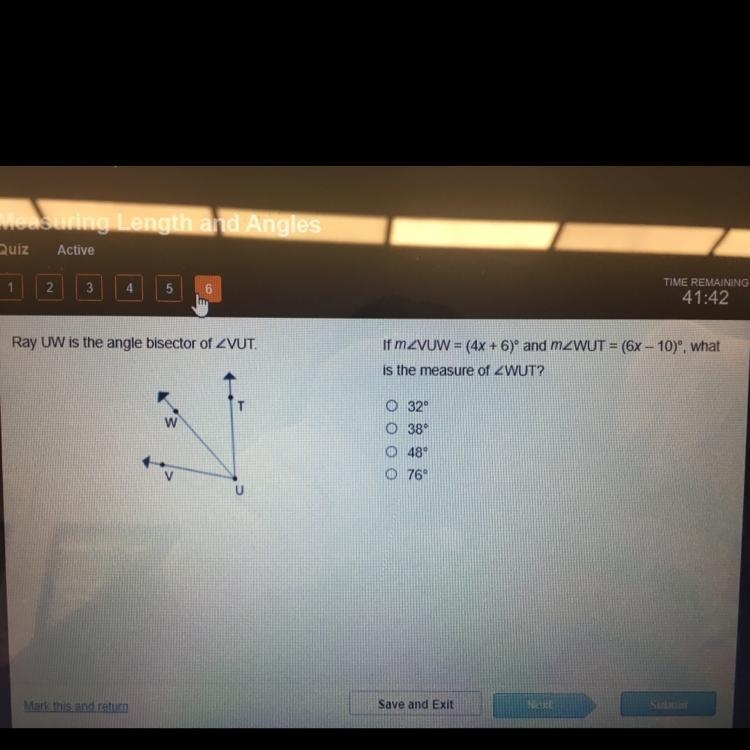 If m is the measure of WUT? A.32° B.38° C.48° D.76°-example-1