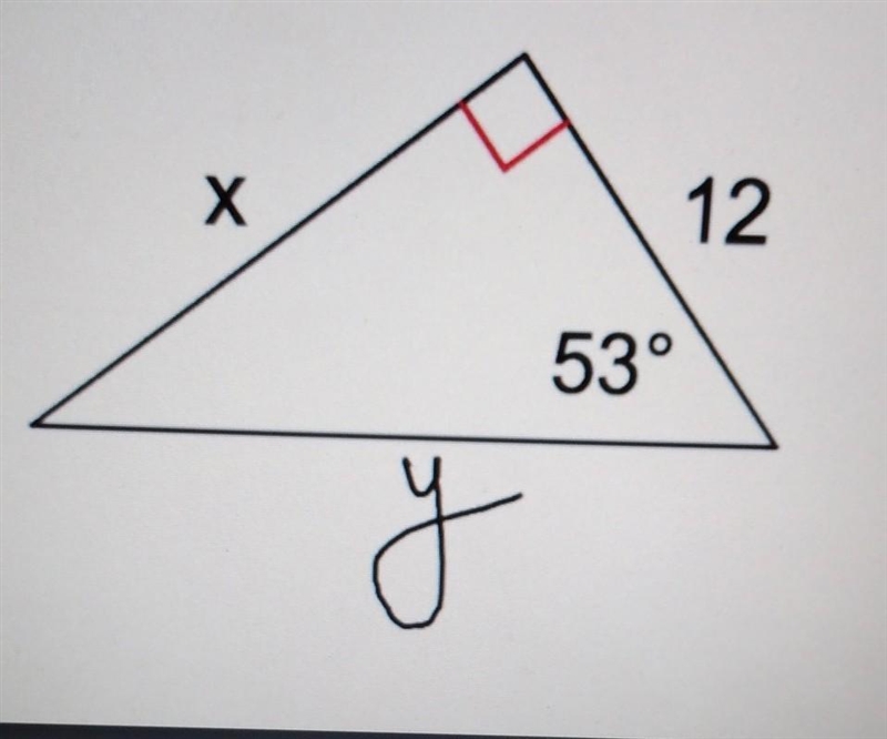 Basic Ratio Right Triangle Trigonometry Find the missing side X and Y. ​-example-1