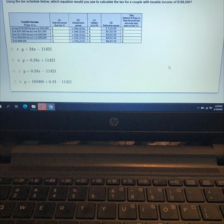 Using the tax schedule below, which equation would you use to calculate the tax for-example-1