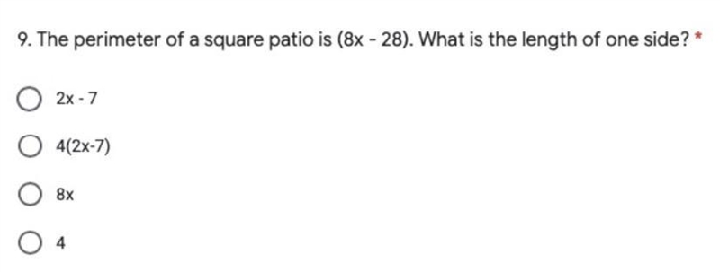 The perimeter of a square patio is (8x-28). what is the length of one side?-example-1