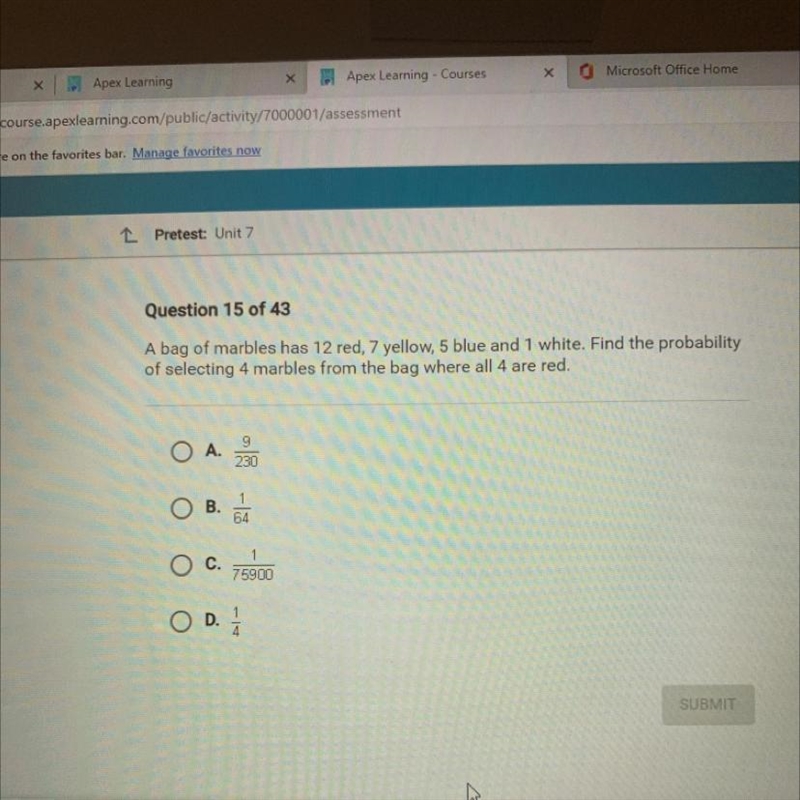 Question 15 of 43 A bag of marbles has 12 red, 7 yellow, 5 blue and 1 white. Find-example-1