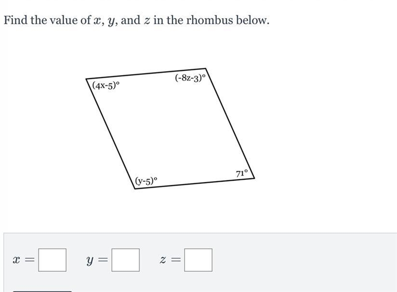 Find the value of x, y and z in the rhombus below-example-1