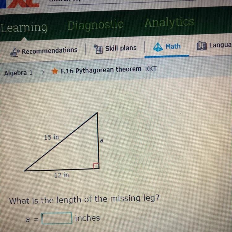 The hypotenuse of a right triangle is 15in and leg one is 12in how long is leg two-example-1